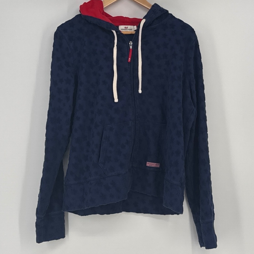 Vineyard Vines Women Large Navy Blue Star Textured Full Zip Hoodie Sweatshirt